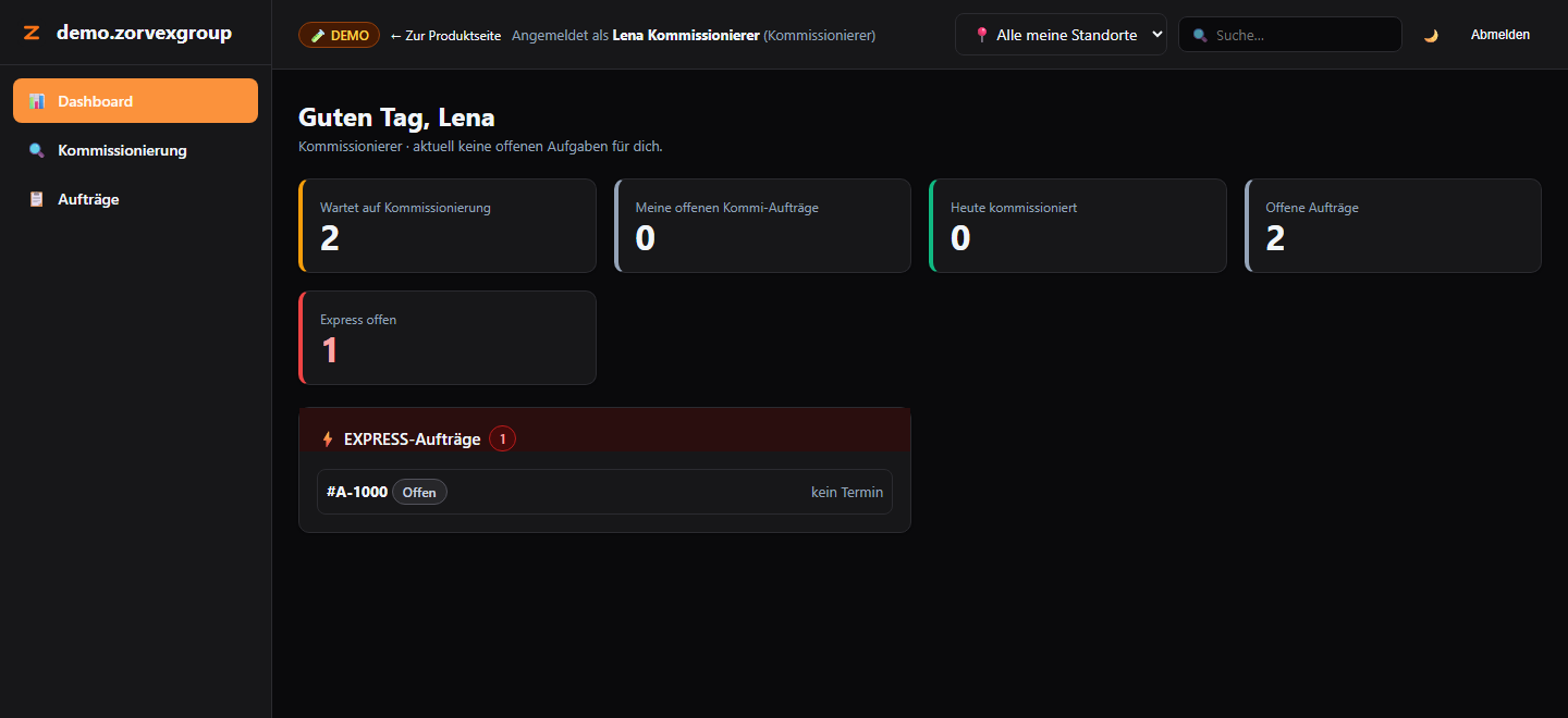 Persönliches Dashboard einer Kommissioniererin mit eigener Warteschlange und Express-Aufträgen